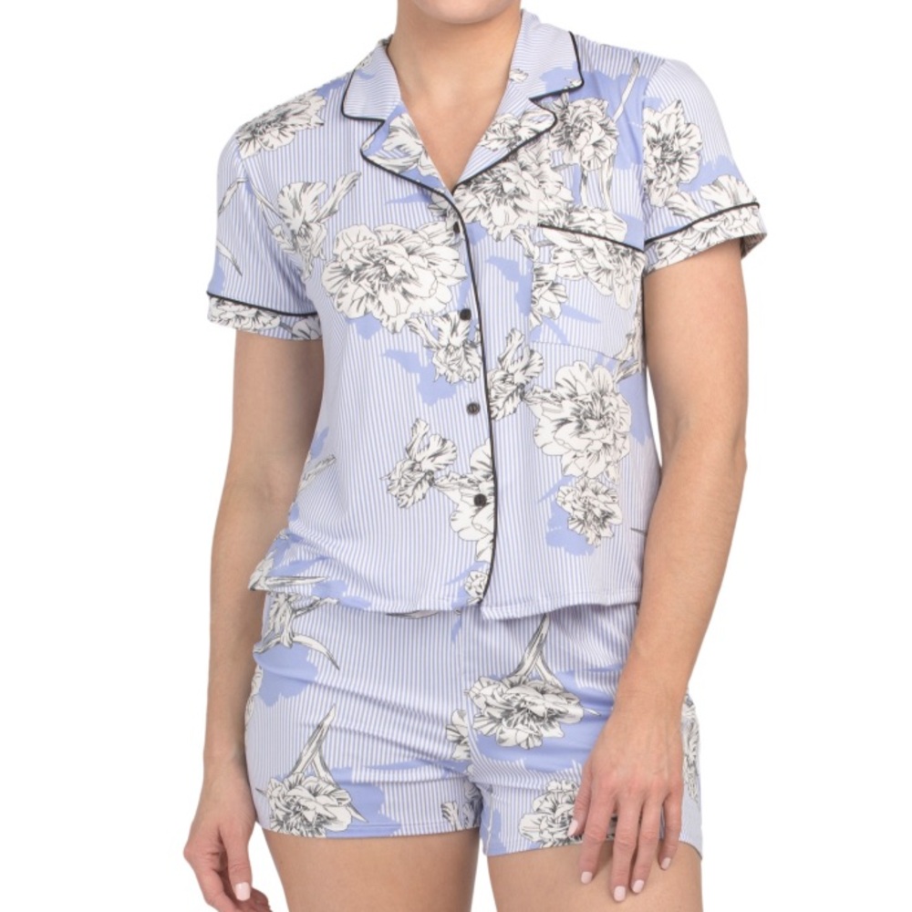 *5 for $25!* Linea Donatella Shinya Pajama Set Blue White Floral Soft 2 Pc L